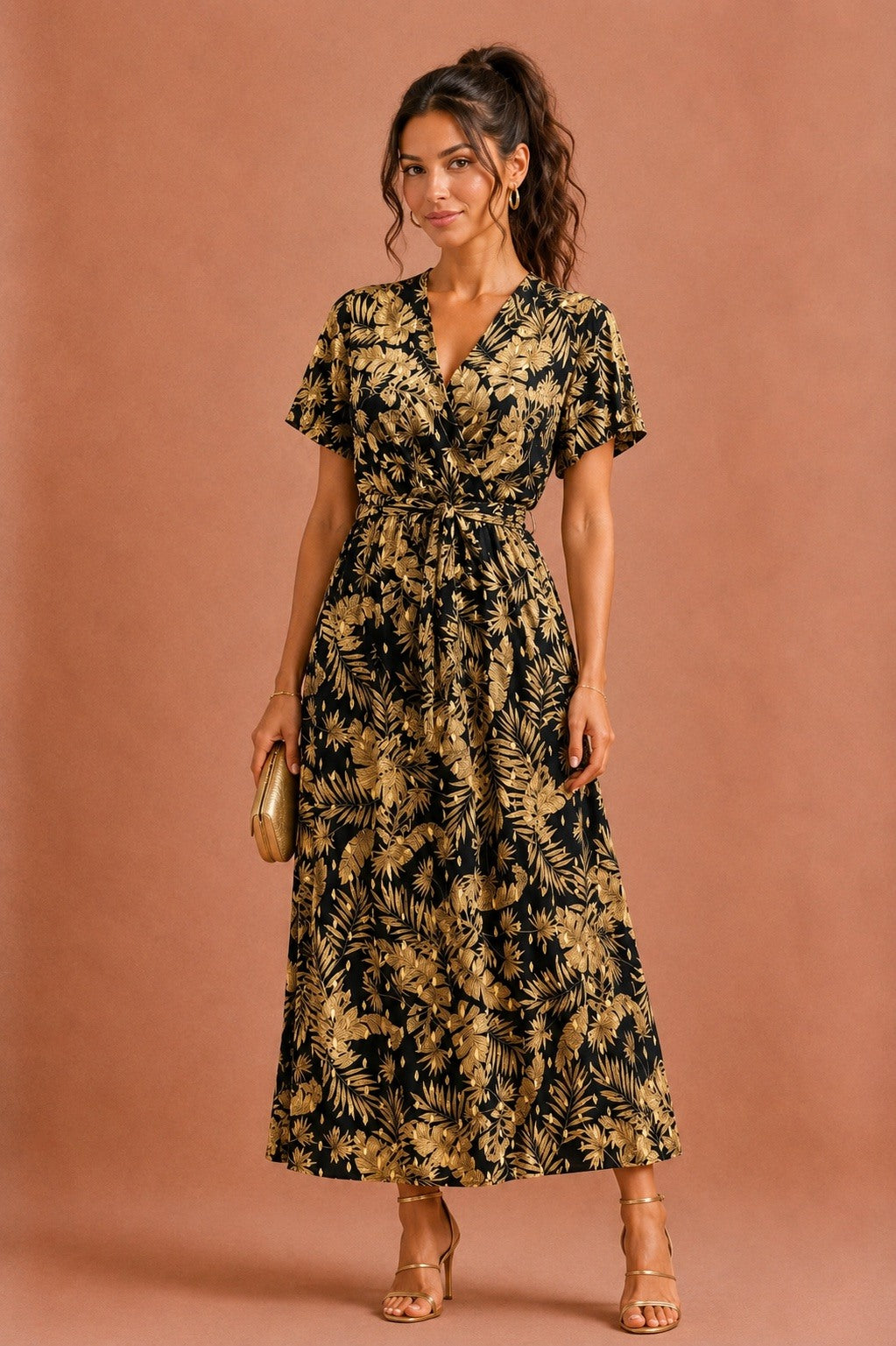 Robe cache-cœur imprimée avec détails dorés et ceinture assortie