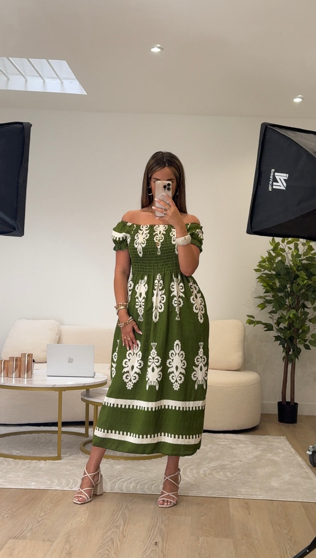 Robe midi smockée à imprimé