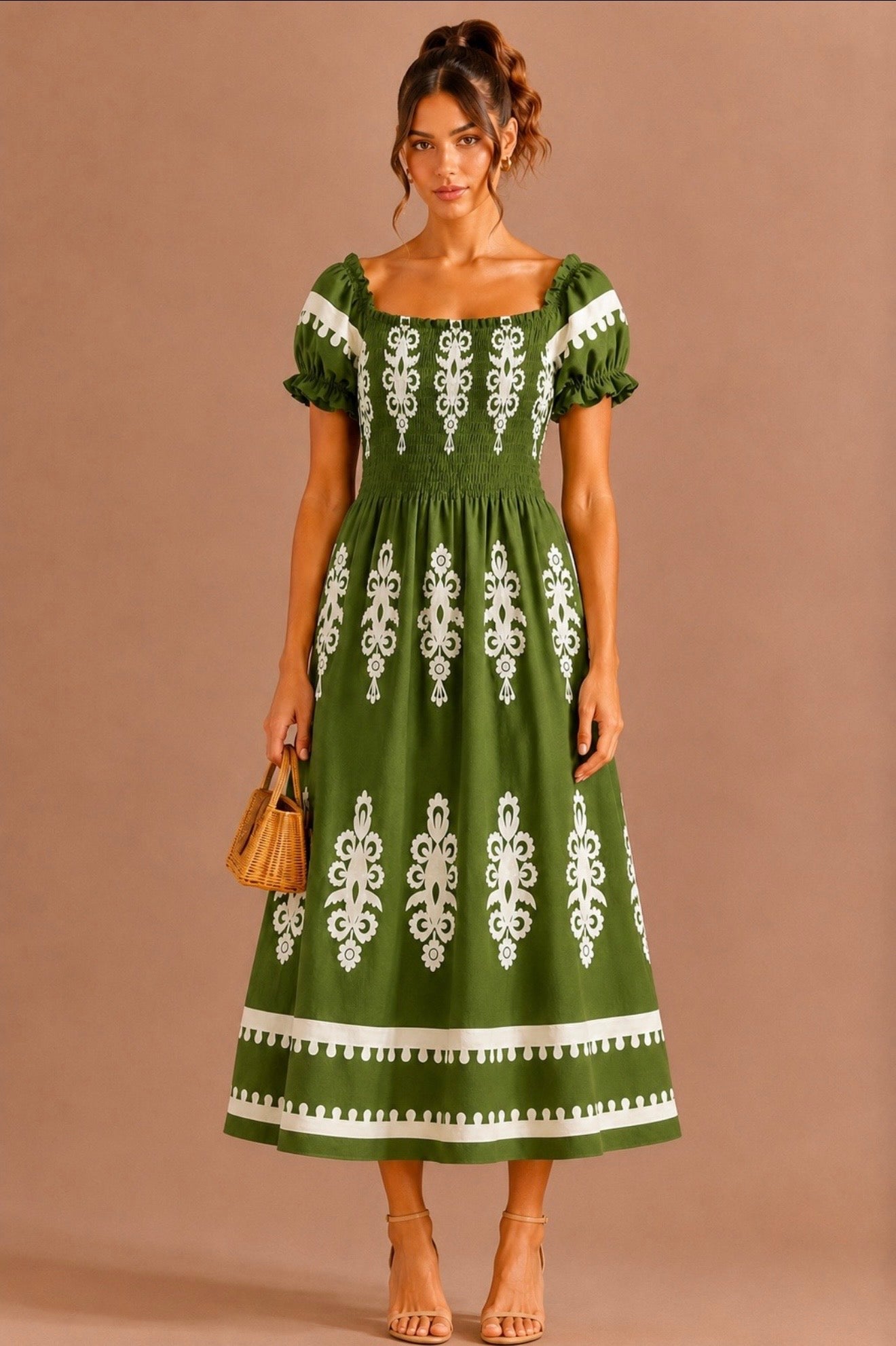 Robe midi smockée à imprimé