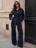 Ensemble Femme en Jean – Veste Ceinturée à Poches & Pantalon Large Taille Haute