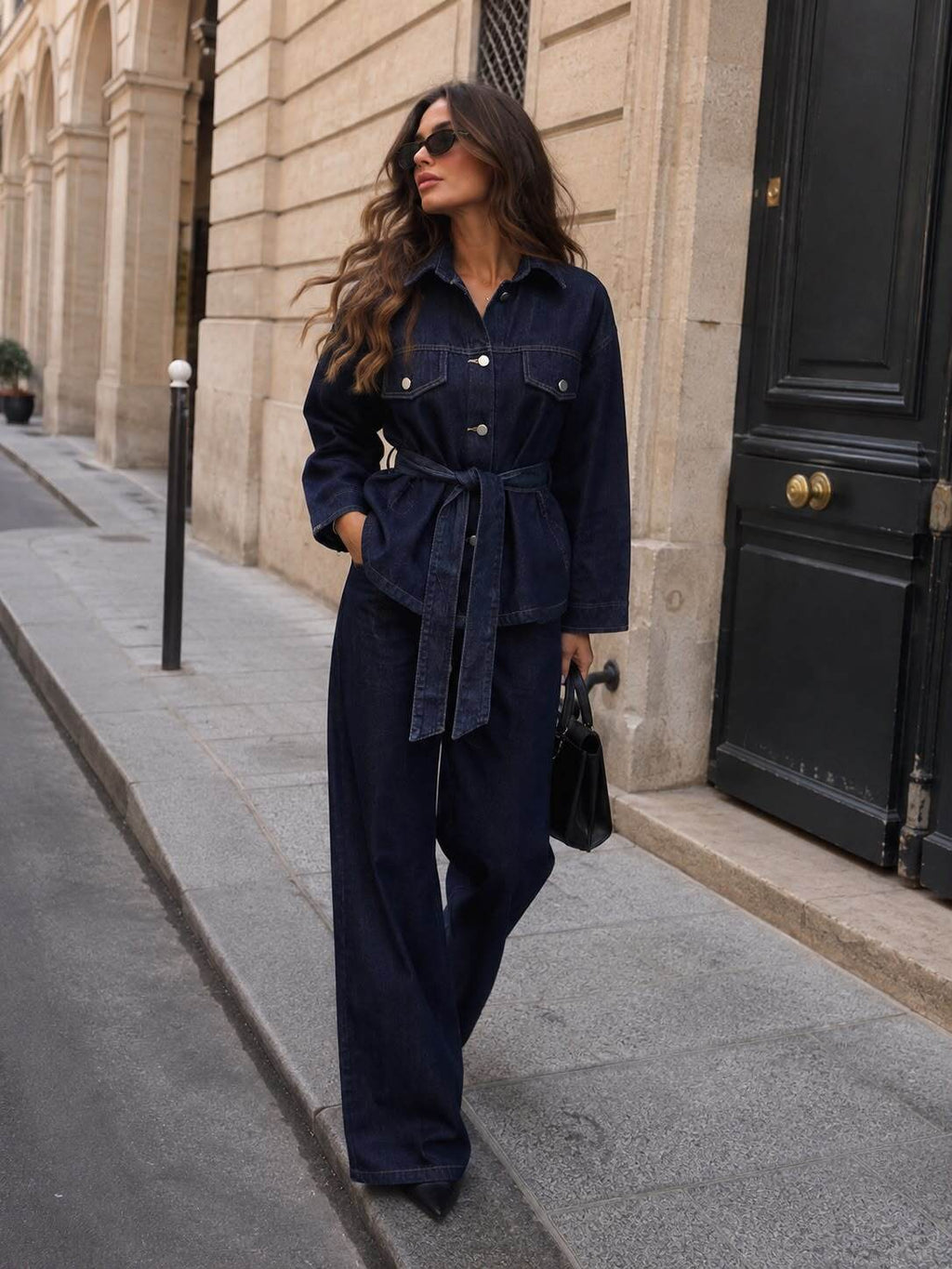 Ensemble Femme en Jean – Veste Ceinturée à Poches & Pantalon Large Taille Haute