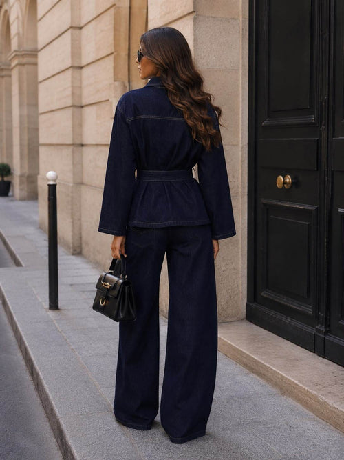 Ensemble Femme en Jean – Veste Ceinturée à Poches & Pantalon Large Taille Haute