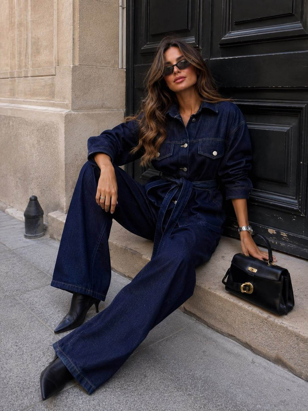 Ensemble Femme en Jean – Veste Ceinturée à Poches & Pantalon Large Taille Haute